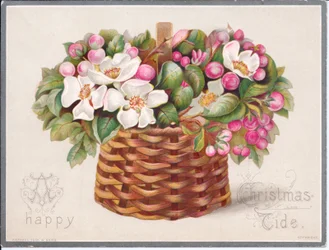 Een Victoriaanse kerstkaart van bloemen en bladeren in een rieten mand, ca. 1880