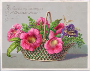 Een Victoriaanse kerstkaart van bloemen in een rieten mand, ca. 1880