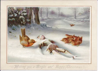 Een Victoriaanse kerstkaart van Robbins die naar een houten pop in de sneeuw kijkt, ca. 1880 (kleurenlitho)