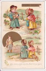 Een Victoriaanse kerstkaart van twee kinderen met een haas, ca. 1880