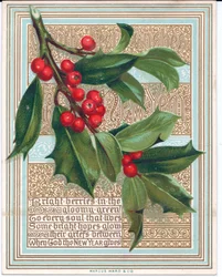 Een Victoriaanse kerstkaart met een tak van hulst die een vers bedekt. Uitgegeven door Marcus Ward, ca. 1880