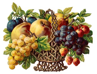 Een Victoriaans papierreliëf van een mand met fruit, ca. 1880 (kleurenlitho)