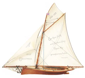 Een Victoriaanse gestanste driedimensionale kerstkaart van een zeilboot, ca. 1880 (kleurenlitho)