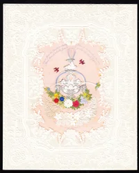 Een Victoriaanse papieren kanten Valentijnskaart van een fontein met bloemen, ca. 1870 (kleurenlitho)