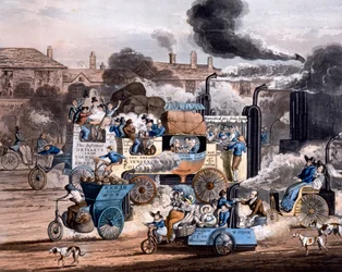 Een uitzicht in White Chapel Road 1830, uit The Progress of Steam - Aikens Illustratie van Moderne Profetie 1828
