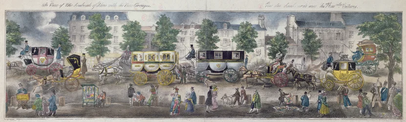 Een uitzicht op de boulevards van Parijs met de nieuwe rijtuigen, 1828