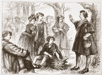 Een student uit Wittenberg preekt in de Lindeweide, illustratie uit De Geschiedenis van het Protestantisme door James Aitken Wylie, 1878