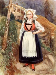 Een vrouw uit Hardanger, Noorwegen (kleurenlitho)