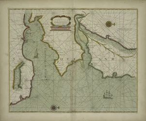 Een kaart van de oostkust van Schotland uit een zee-atlas met een hydrografische beschrijving van de meeste zee-kusten van de bekende delen van de wereld door Samuel Thornton, 1707 (handgekleurde print)