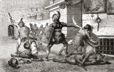 Een gevecht tussen gladiatoren in het oude Rome, uit Ward en Lock