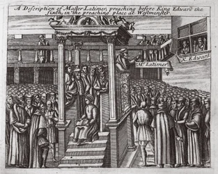 Een beschrijving van meester Latimer, predikend voor koning Edward de Zesde in de preekplaats in Westminster, illustratie uit Handelingen en Monumenten van John Foxe, negende editie, uitgegeven 1684