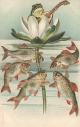 Een kikker die luit speelt op een waterlelieblad