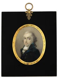 Een heer genaamd Pryce Edwards in blauwe jas, witte das en gepoederde pruik