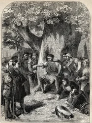 Een groep dissidenten in Norfolk tijdens de opstand van Robert Kett in 1549 - opstand in Norfolk, Engeland tijdens het bewind van Edward VI - Ket de Leerlooier (1492-1549) toesprekend zijn volgelingen onder de Eik van hervorming - Gravure uit 