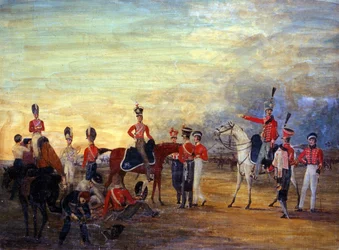 Een groep bereden en niet-bereden officieren en mannen van de Yorkshire Yeomanry in verschillende uniformen, ca.1820