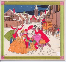 Een met de hand gekleurde Franse Pochoir kerstkaart van een Victoriaanse groep reizigers in winterkleding die elkaar begroeten, circa 1920
