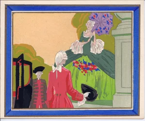 Een handgekleurde Franse Pochoir wenskaart van een behaarde man en knecht die wachten tot een grande dame haar koets instapt, circa 1920 (sjabloon)