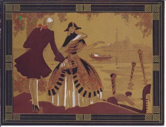 Een met de hand gekleurde Franse Pochoir-wenskaart van een Venetiaans tafereel, circa 1920