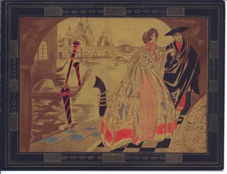 Een met de hand gekleurde Franse Pochoir-wenskaart van een Venetiaans tafereel, circa 1920