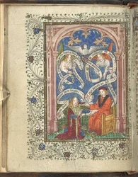 Een knielende leerling, mogelijk de auteur voorstellend, Norton, die een boek ontvangt van zijn meester, met engelen, geschreven rollen en een duif erboven. Ordinaal van Alchemie. Thomas Norton 4e kwart van de 15e eeuw
