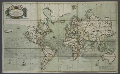 Een nieuwe en correcte kaart van de wereld uit een atlas van de zee, 1707 (handgekleurde print)