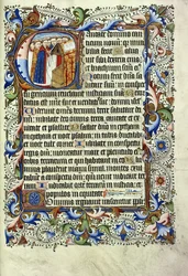Een pagina uit een psalter in het Latijn, met een gehistorieerde initiaal die een groep monniken voor een lessenaar toont, zingend, c.1455
