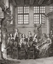 Een feest bij het huis van de hertog van Newcastle, frontispice voor Natures Pictures door Margaret, hertogin van Newcastle, 1656, uit A Short History of the English People door J. R. Green, gepubliceerd 1893