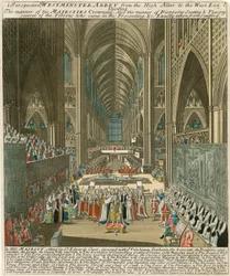 Een perspectief van Westminster Abbey vanaf het Hoofdaltaar tot het Westelijke Eind bij de kroning van Koning Jacobus II