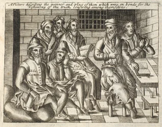 Een afbeelding die de manier en plaats beschrijft van degenen die in boeien zaten voor het getuigenis van de waarheid, onderling overleggend, illustratie uit Handelingen en Monumenten van John Foxe, negende editie, uitgegeven 1684