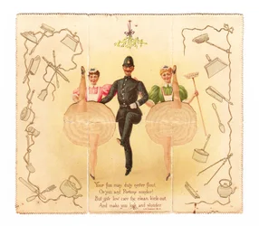 Een pop-up kaart van een politieagent en twee vrouwen die de hoge trap doen, ca. 1920