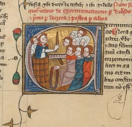 Een priester die mensen excommuniceert door een kaars op te steken, Royal MS 6 E VII, f.75v (perkament)