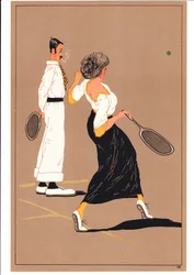 Een prent van twee tennisspelers in komische en humoristische houdingen, c.1920 (kleurenlitho)