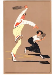 Een prent van twee tennisspelers in komische en humoristische houdingen, c.1920