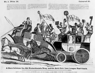 Een race tussen de Old Protectionist Drag en de Anti Corn Law League Fast Coach