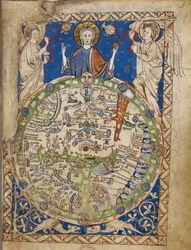 Een ronde kaart van de wereld, geplaatst in een vierkant ornamenteel kader, Jeruzalem in het centrum, met een zone van winden, figuren van inwoners, enz.