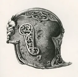 Een sallet, ook bekend als salade of schaller oorlogshoed, ca. 1450, uit The British Army: Its Origins, Progress and Equipment, gepubliceerd in 1868.