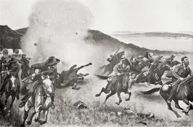 Een granaat van de Marine Brigade verdrijft Boeren van achter de Seven Sisters Kojes tijdens de actie van 7 maart