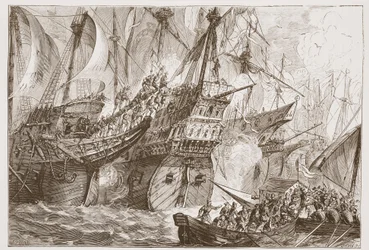 Gevecht tussen de Spaanse vloot en de schepen van de Watergeuzen, illustratie uit De Geschiedenis van het Protestantisme door James Aitken Wylie, 1878