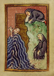 St. Cuthbert die in de zee bidt, geobserveerd door een monnik, en zijn voeten gedroogd door zeeotters, uit 