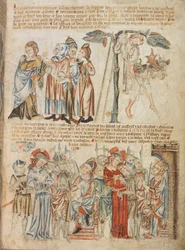 Judas geeft de dertig zilverstukken terug; de dood van Judas; Christus voor Pilatus en voor Herodes, uit Holkham Bible Picture Book, ca. 1320-30