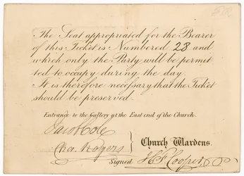 Toegangskaart tot St Margarets Vestry Gallery, voor de kroning van koningin Victoria, 28 juni 1838, achterzijde