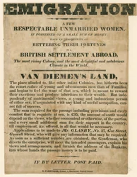 Advertentie betreffende de emigratie van jonge vrouwen naar Van Diemens Land