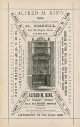 Advertentie voor Alfred M Kino, kleermaker, 40 Cornhill en 87 Regent Street, Londen