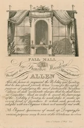 Advertentie voor Allens nieuwe meubelmagazijn, 61 Pall Mall, Londen