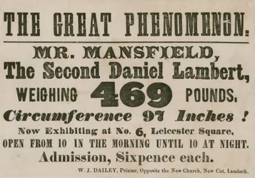 Advertentie voor een optreden van Mr. Mansfield, een tweede Daniel Lambert, met een gewicht van 469 pond