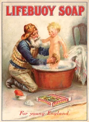 Advertentie voor Lifebuoy zeep met een reddingsbootman die een kind baadt