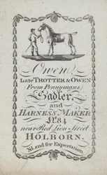 Advertentie voor Owen, zadelmaker en harnasmaker, Londen