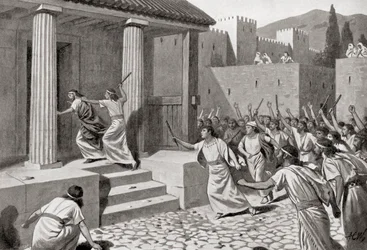 Alcander, een jongeman uit Sparta, valt Lycurgus aan, uit Hutchinsons ‘Geschiedenis van de naties’, gepubliceerd in 1915