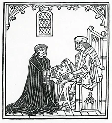 Alexander Barclay presenteert zijn boek aan zijn beschermheer Thomas Cornish, frontispice van de Engelse vertaling van 