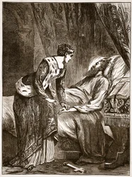 Alice Perrers aan het sterfbed van Edward III, illustratie uit Cassells Geïllustreerde Geschiedenis van Engeland